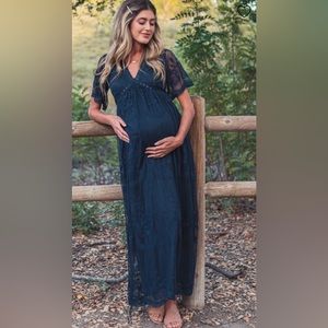 PinkBlush Navy Blue Lace Mesh Overlay Maternity Maxi Dress